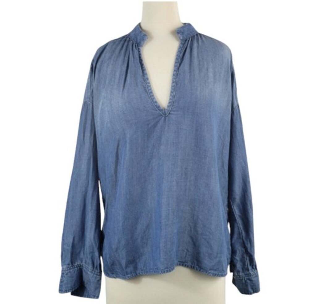 Cloth & Stone Chambray Denim Blouse Deep V Neck Mandarin Collar Medium Wash S